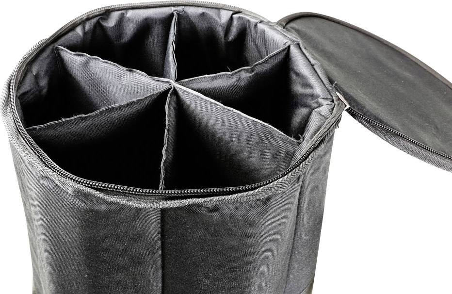 Ein schwarzer, runder Kameratasche mit geöffnetem Reißverschluss zeigt innen vier gepolsterte Fächer für Objektive oder Zubehör.