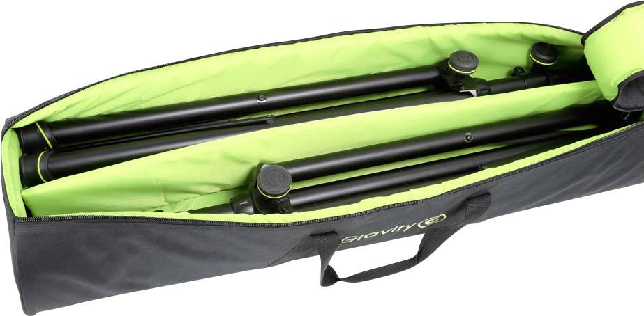 Eine Tasche mit Reißverschluss, die mehrere zusammengeklappte schwarze Stative enthält, gefüttert mit hellgrünem Stoff.