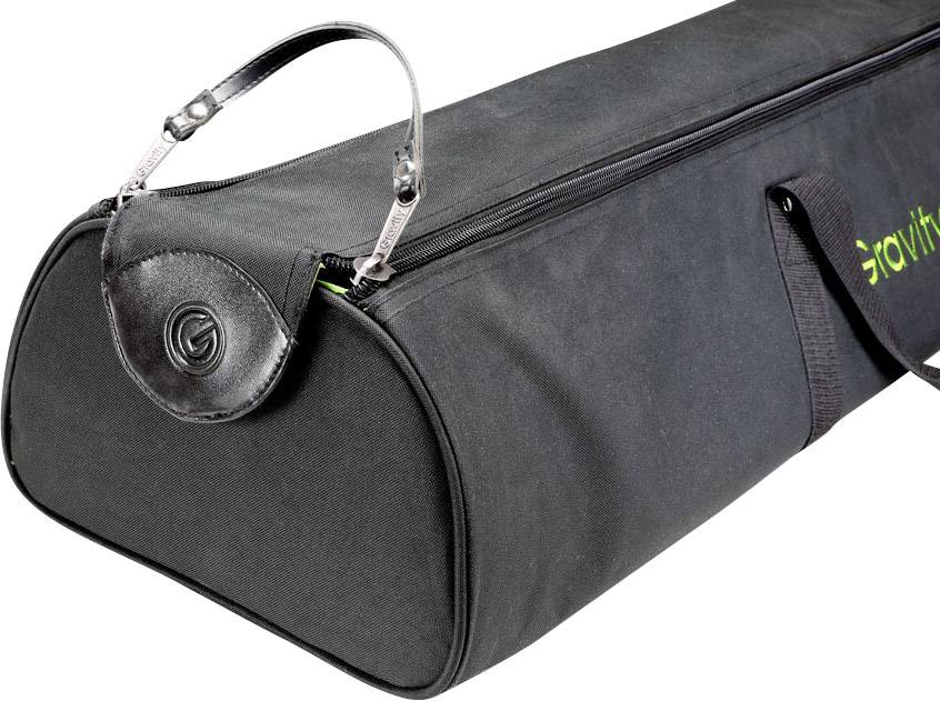 Schwarze, zylindrische Tragetasche mit Reißverschluss, Markenlogo an der Seite, Tragegriff oben, aus robustem Material für Transportzwecke.