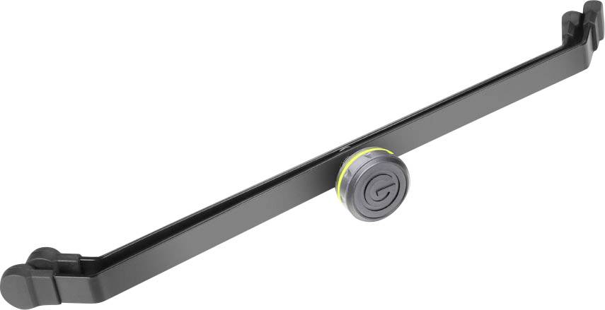 Schwarze, gerade Halterung mit gelbem Detail in der Mitte, möglicherweise für technische Anwendungen oder zur Befestigung.