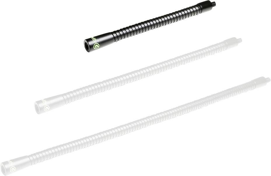 Drei unterschiedliche Ansichten eines länglichen, spiralförmigen Gegenstands mit schwarzer Spitze, zwei halbtransparent dargestellt.