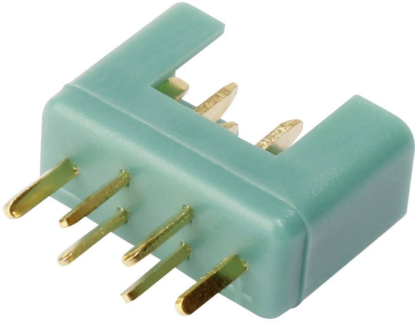 Ein blauer elektronischer Steckverbinder mit fünf goldenen Pins, die horizontal aus der Basis herausragen.