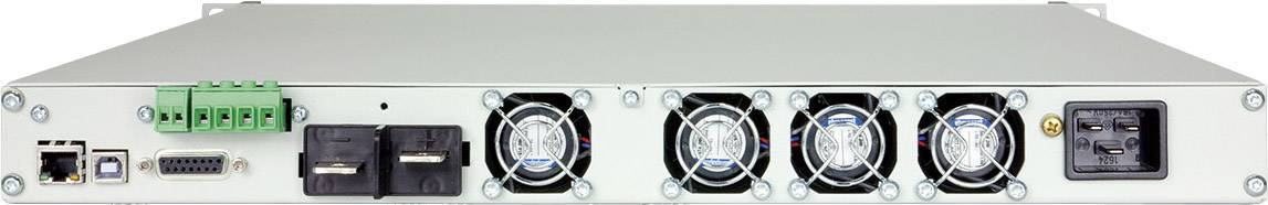 Rückansicht eines elektronischen Geräts mit mehreren Lüftern, Anschlussbuchsen und einem Netzstecker.