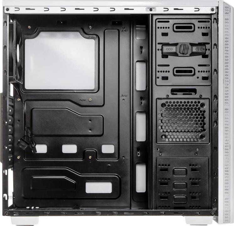 Ein leeres Computergehäuse mit mehreren Laufwerkschächten und einem offenen Mainboard-Fach zur Installation von Komponenten.