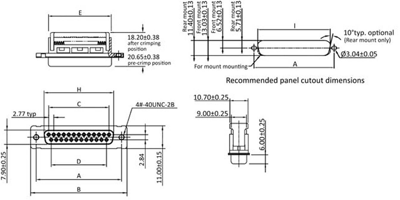 Technische Zeichnung eines Steckverbinders mit Abmessungen für Montage und Einschnitt. Enthält Ansichten von vorne, oben und der Seite.