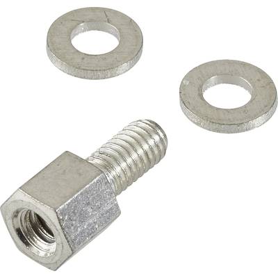 Metallschraube mit zwei Unterlegscheiben, gezeigt auf weißem Hintergrund. Schraube hat ein sechseckiges Kopfdesign.