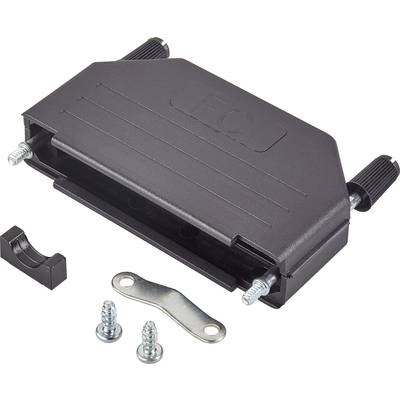 Ein schwarzes Gehäuse mit Schrauben und Metallhalterung, wahrscheinlich für elektrische oder elektronische Verbindungen, auf weißem Hintergrund.
