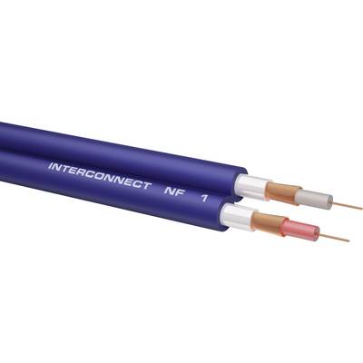 Blaues Koaxialkabel mit der Aufschrift 'INTERCONNECT NF 1', zwei dünne Kupferleiter sichtbar, geeignet für Audio- oder Datenverbindungen.