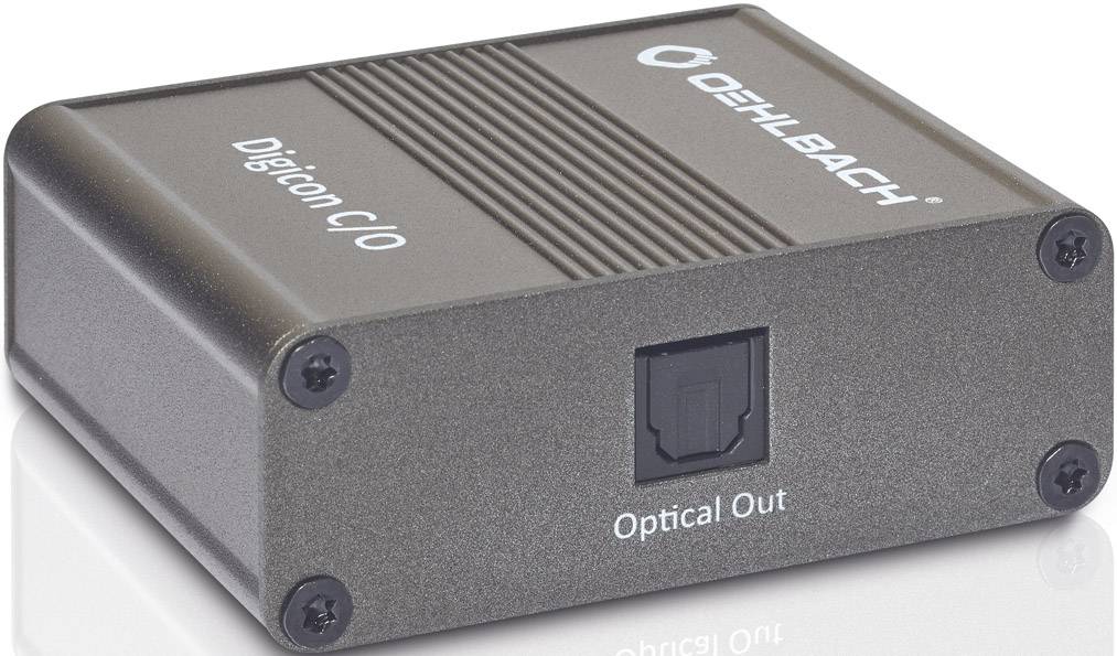 Ein rechteckiger Audio-Konverter mit der Aufschrift 'Oehlbach Digicon C/O'. Er hat einen 'Optical Out'-Anschluss an der Vorderseite.