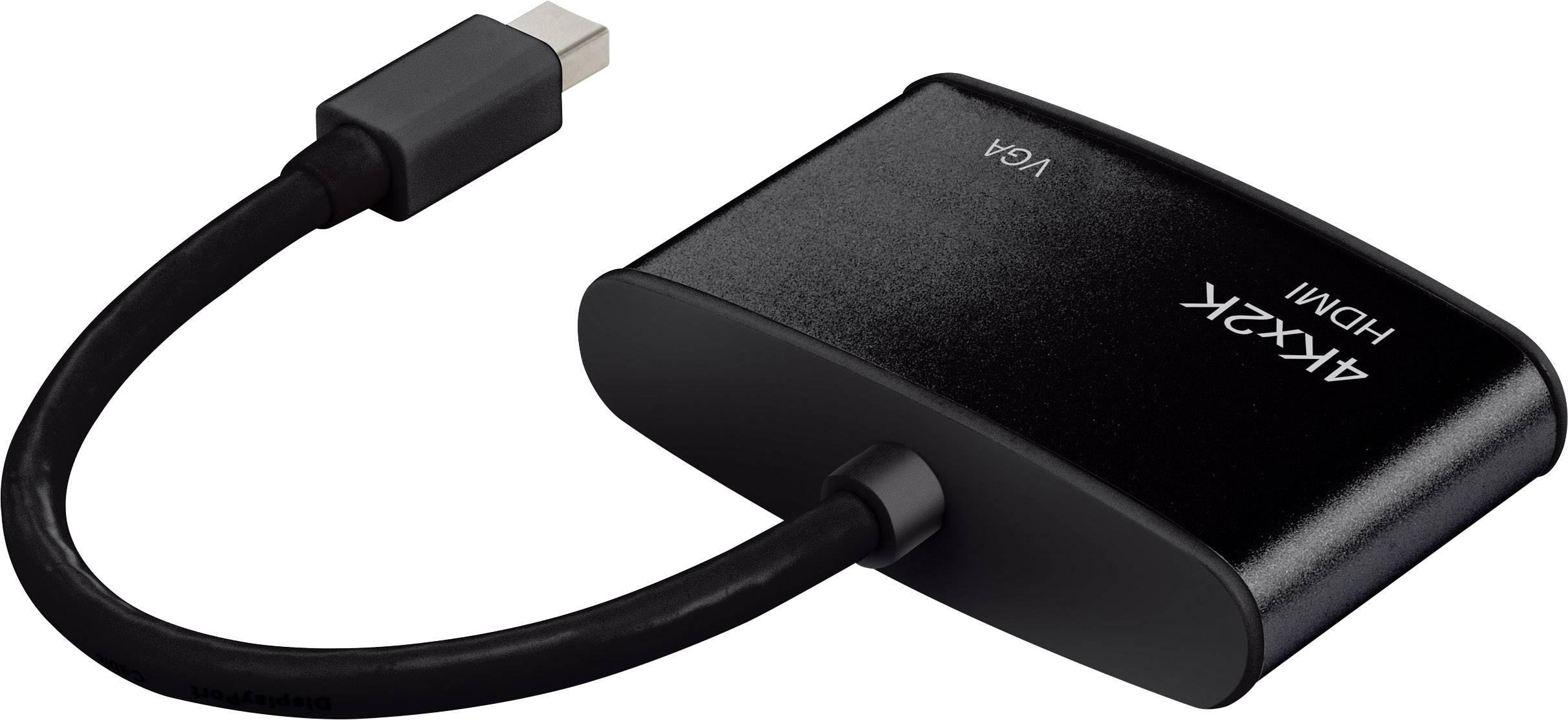 Ein schwarzer Adapter mit 'VGA' und '4K2K HDMI' Beschriftung. Links ein Kabel mit einem USB-C-Anschluss.