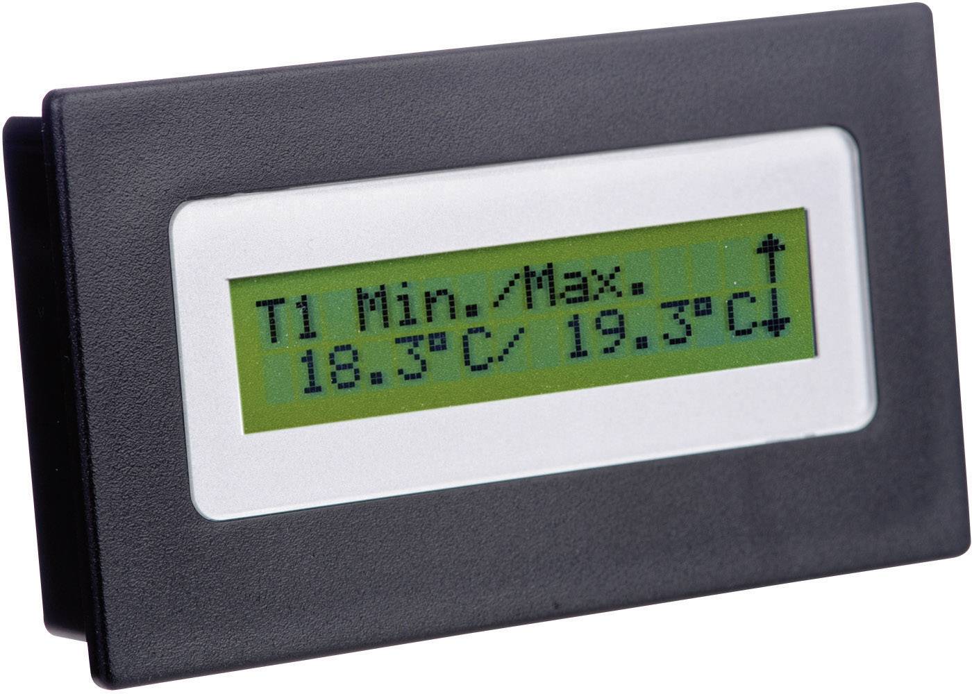 Elektronisches Display zeigt 'T1 Min./Max. 18.3°C / 19.3°C'. Digitaler Temperaturmesser mit Kunststoffrahmen.