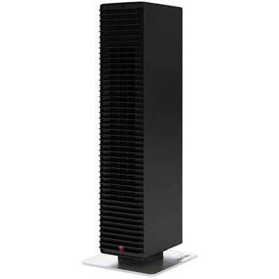 Ein schwarzer, hoher Turmventilator mit rechteckiger Form und Gitter aus Kunststoff steht auf einem quadratischen Sockel.