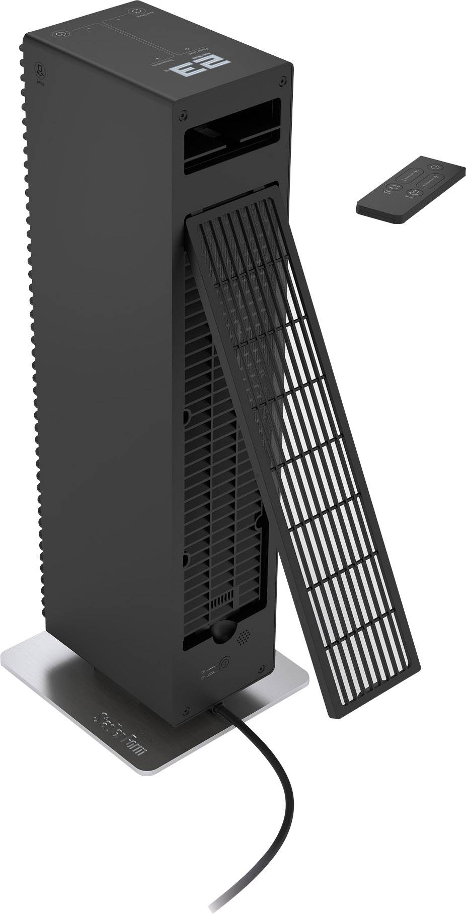 Ein schwarzer Turmventilator mit abnehmbarem Gitter, digitalem Display oben und Fernbedienung daneben auf dem Boden.