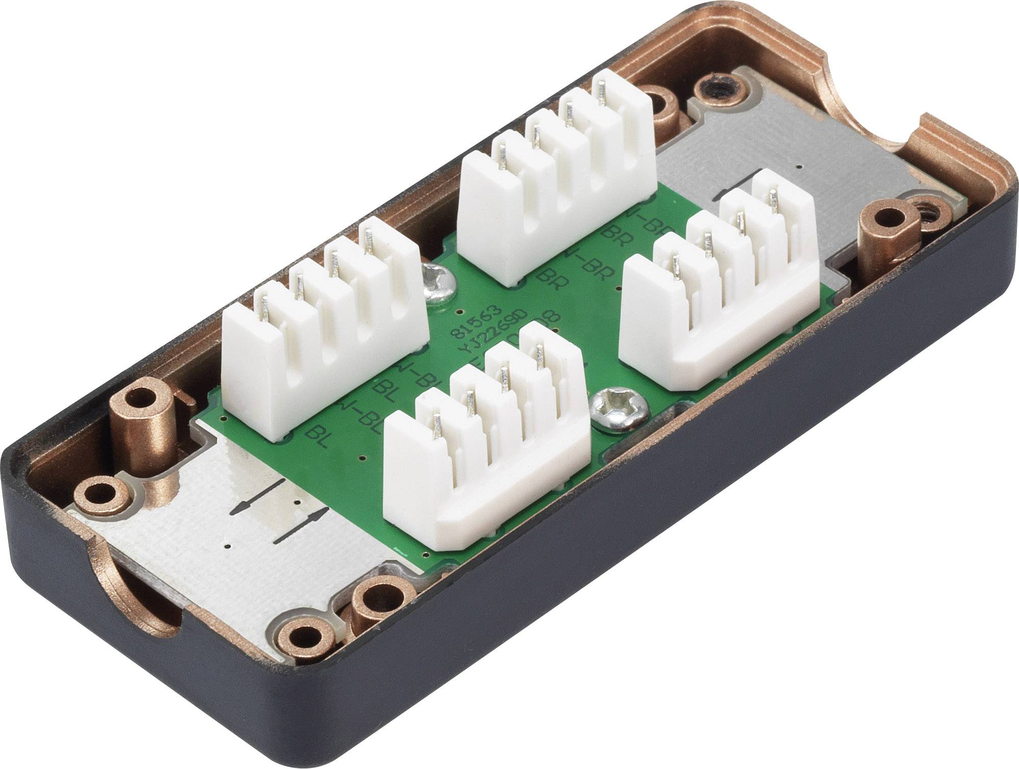 Elektronisches Bauteil mit grünem Schaltkreis, vier weißen Steckverbindern und einem schwarzen Gehäuse.