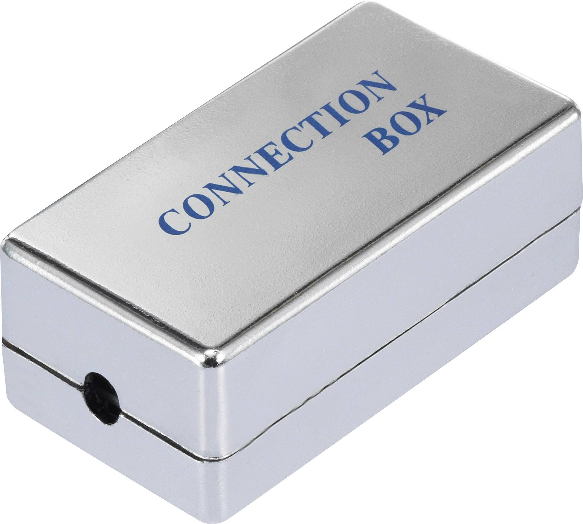 Silberne Anschlussdose mit der Aufschrift 'CONNECTION BOX' in blauer Schrift auf der Oberseite.