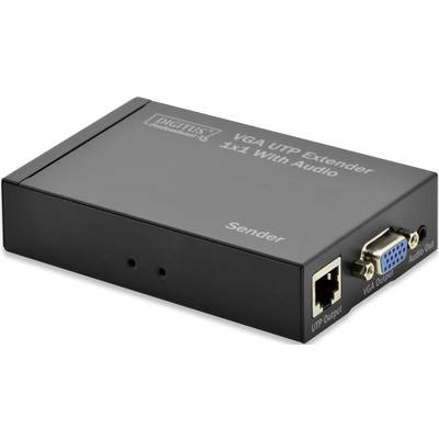 Ein schwarzer VGA UTP Extender mit Audiofunktion von Digitus, Modell 'Sender', zeigt Anschlüsse für VGA-Ausgang und Audio.