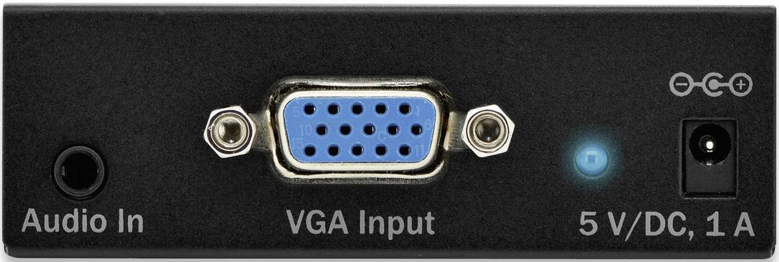 Audioeingang, VGA-Eingang, LED-Anzeige und Stromanschluss mit 5 V Gleichstrom, 1 A.