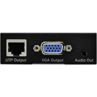 'Netzwerk- und Multimedia-Anschlüsse: UTP-Output, VGA-Output und Audio-Ausgang auf schwarzer Platte.'