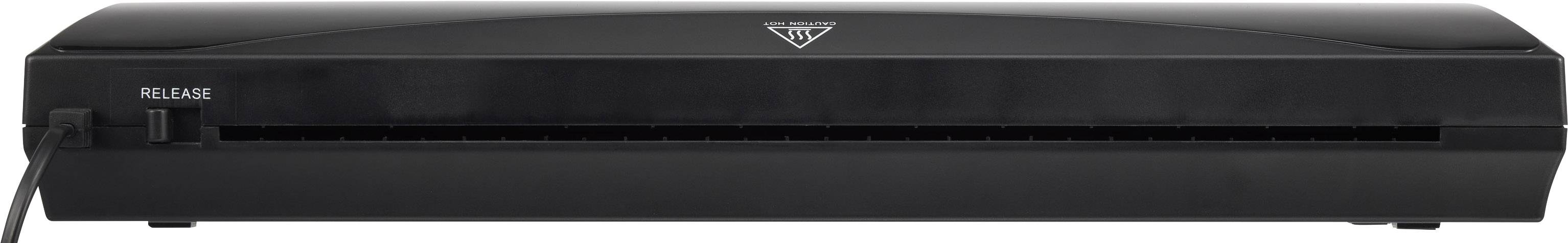 Ein schwarzes Laminiergerät mit einem Schalter auf der linken Seite, beschriftet mit 'Release'. Geeignet zum Versiegeln von Dokumenten.