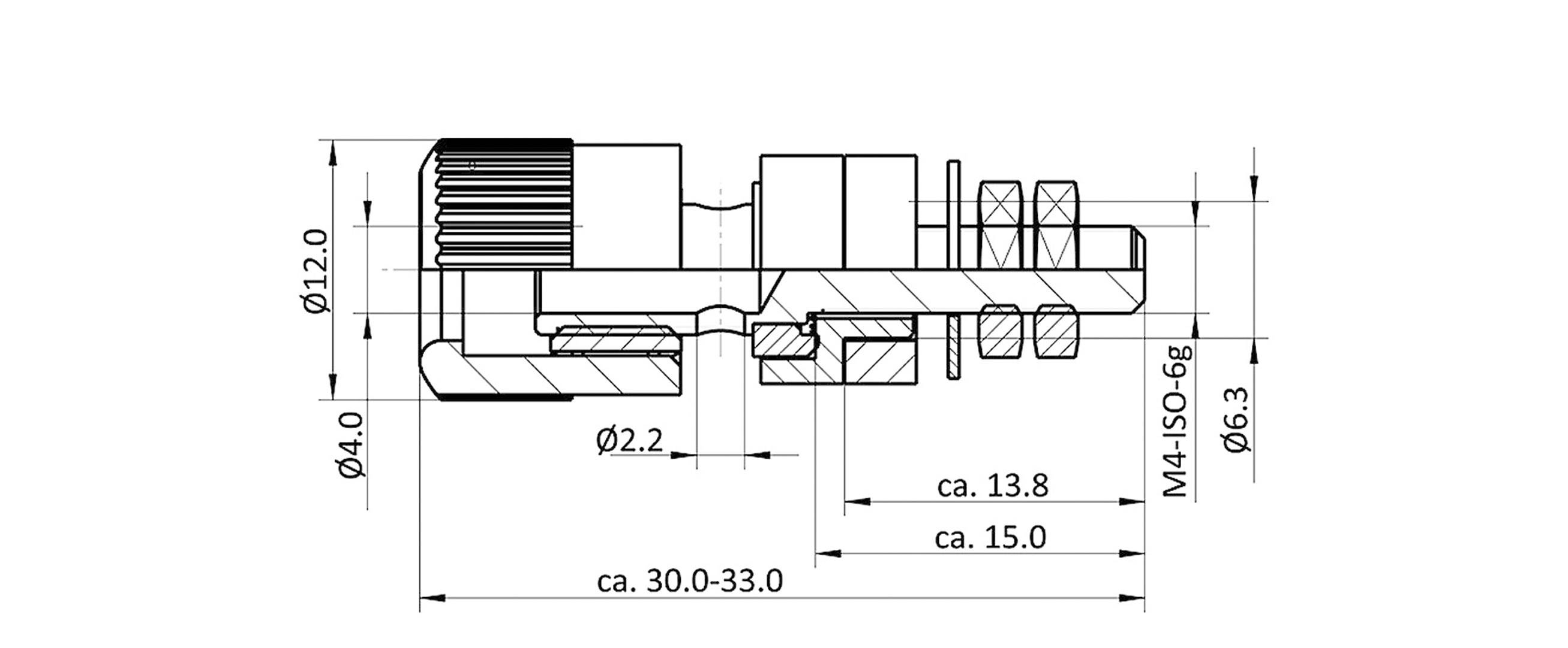 Technische Zeichnung eines mechanischen Bauteils mit Bemaßungen. Hauptmaße: Durchmesser 12 mm, Länge 30-33 mm, Gewinde M4.