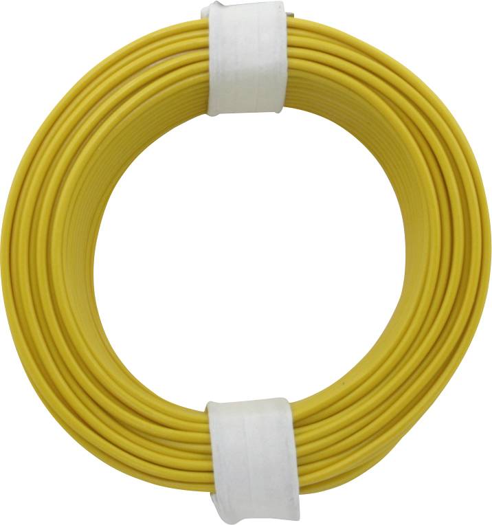 Gelbe Kabelrolle, ordentlich aufgerollt und mit weißen Bändern fixiert.