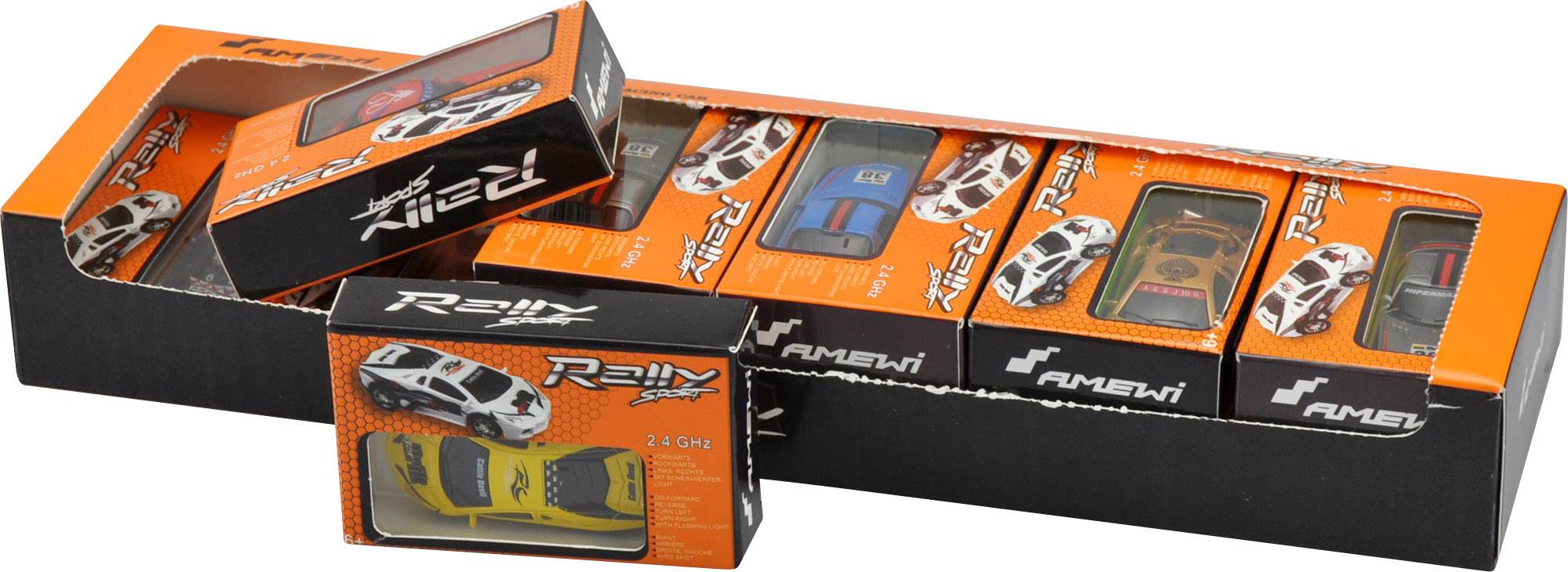 Spielzeug-Autorennbahnset mit mehreren farbigen Rennwagen in einer orangefarbenen Verpackung. Hauptthema sind Modelle und Design.