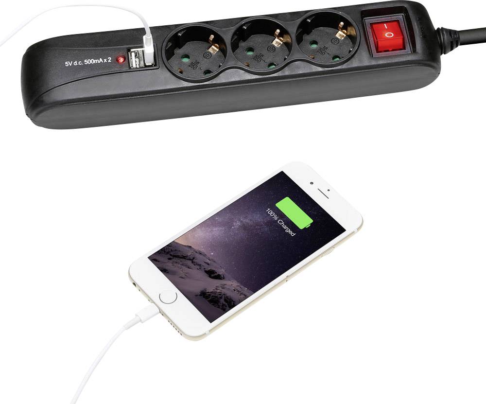 Adam Hall 8747S3USB Steckdosenleiste mit Schalter 3fach Schwarz Schutzkontakt 1 St.-4