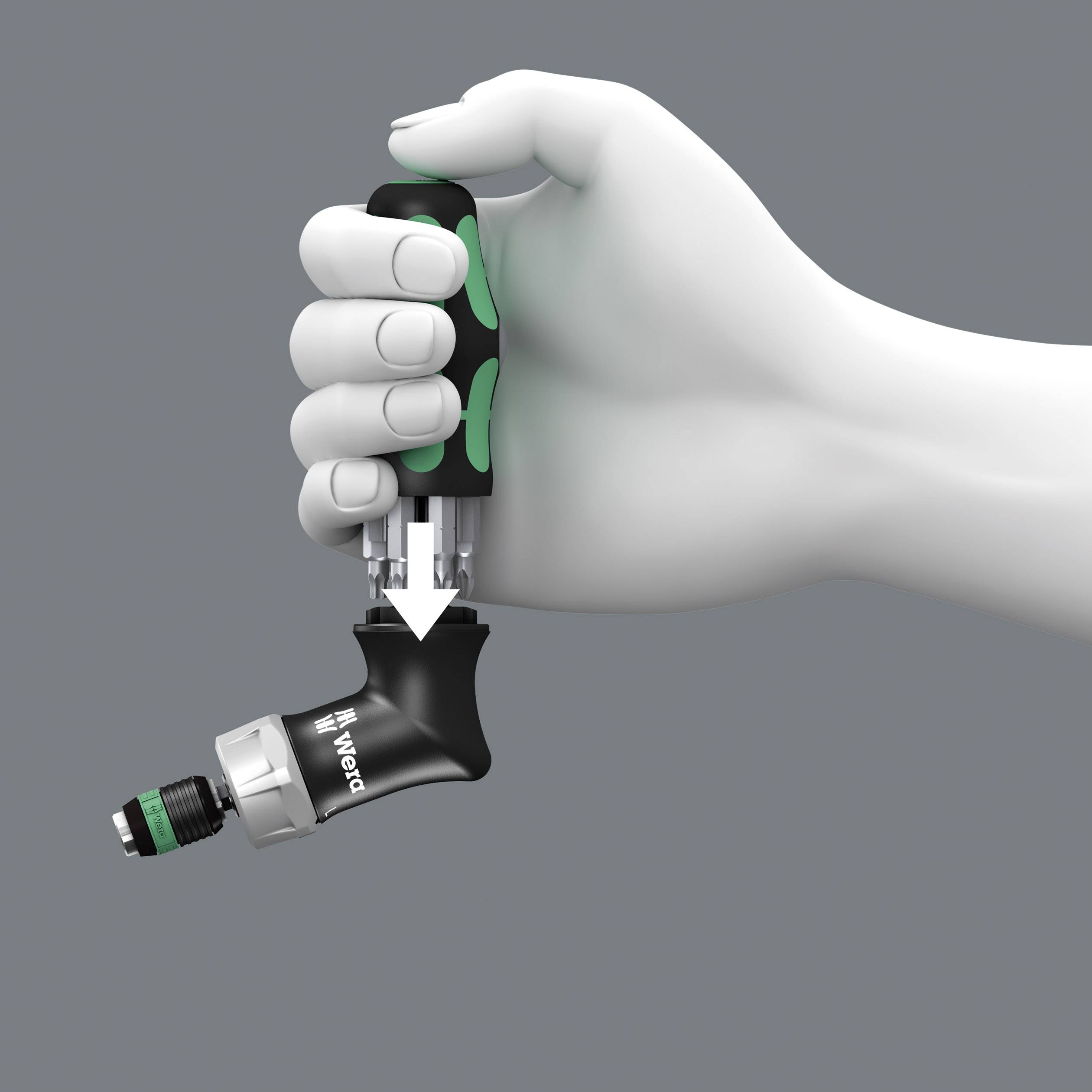 Eine Hand hält einen schwarzen Schraubenzieher mit grünem Griff. Der Kopf hat einen speziellen Aufsatz, um eine Schraube zu drehen.