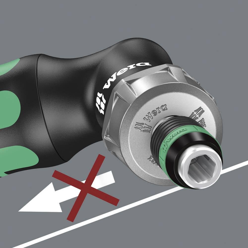 Schraubendreher mit ergonomischem Griff. Drehrichtung wird durch roten Pfeil mit Kreuz angezeigt, was eine Sperre symbolisiert.