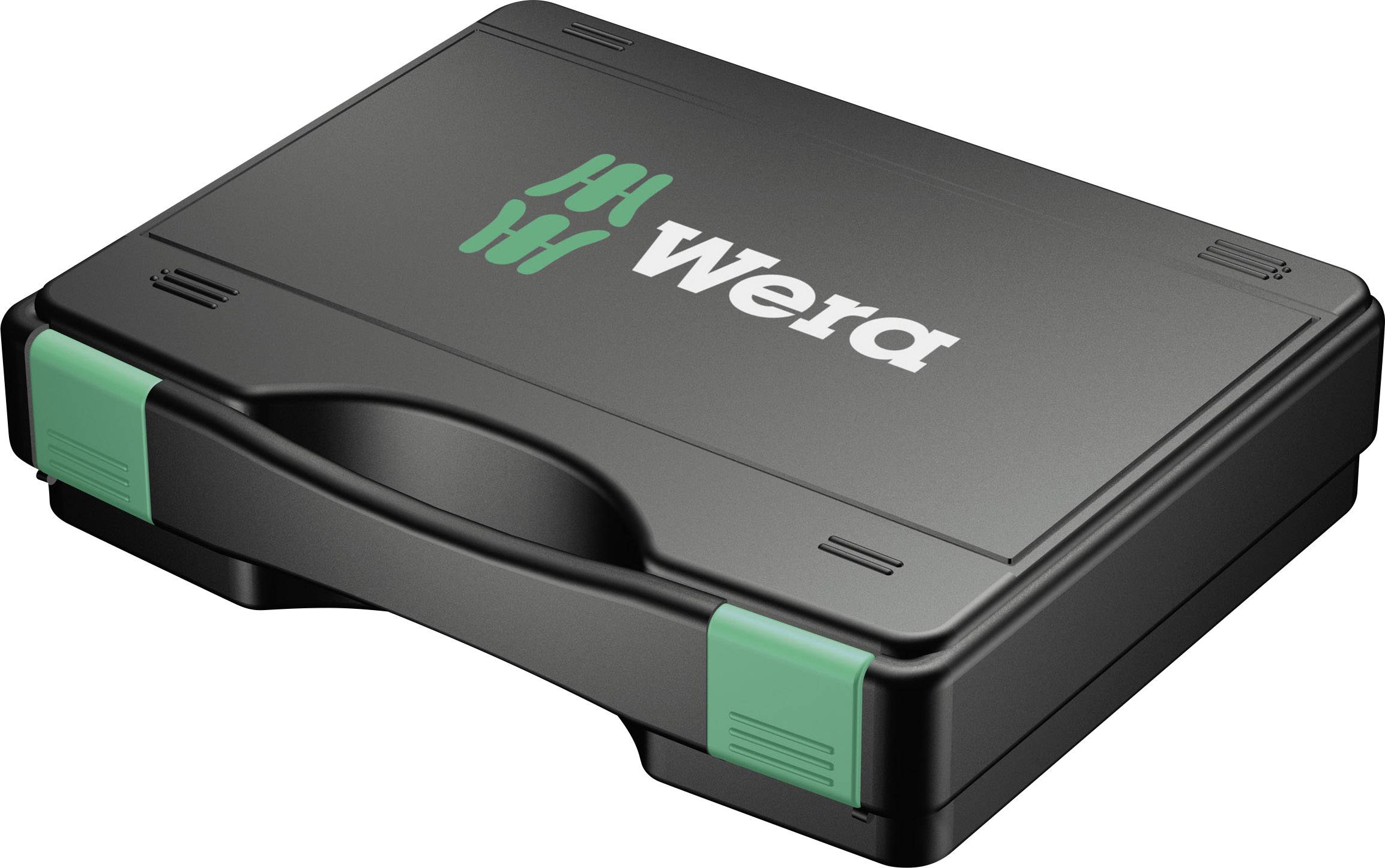 Schwarzer Werkzeugkoffer mit Wera-Logo und grünen Akzenten, geschlossen.