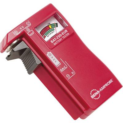 Ein rotes Batterietestgerät mit analogem Display zeigt den Ladezustand einer 9-Volt-Batterie an. Markiert mit 'BEHA-AMPROBE'.