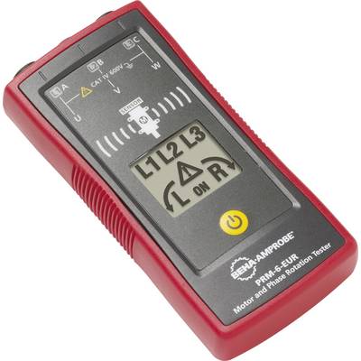 Ein rotes Phasenprüfgerät mit Display, zeigt 'L1 L2 L3' und 'ON R' an. Buttons und Warnsymbole sind sichtbar.
