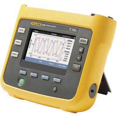 Ein gelbes tragbares Gerät zur Messung elektrischer Parameter zeigt auf dem Bildschirm eine wellenförmige Grafik von Spannung und Strom.
