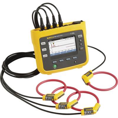 Ein gelbes tragbares Messgerät mit Display zeigt grafische Daten. Es besitzt Anschlüsse und Kabel für die Messung elektrischer Parameter.