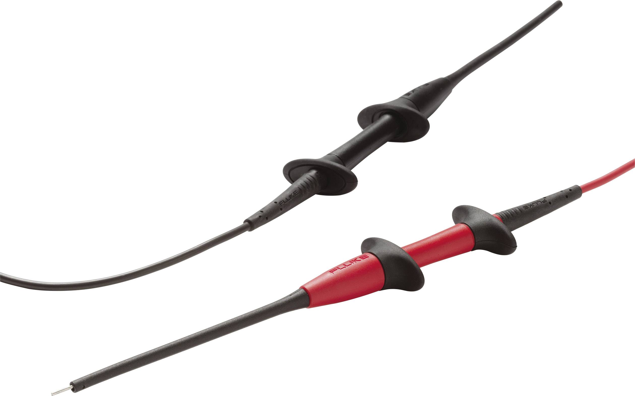Zwei Prüfspitzen, eine schwarz, eine rot, mit isolierten Griffen und flexiblen Kabeln. Sie dienen zum Testen elektrischer Schaltungen.