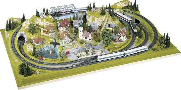 NOCH 81710 H0, TT Fertiggelände zentral Schönmühlen  H0 Märklin C-Gleis (mit Bettung), H0 Märklin K-Gleis (ohne Bettung), H0 Fleischmann Profi-Gleis, H0 Piko A-Gleis, H0 Roco geoLINE (mit Bettung), H0 RocoLine (ohne Bettung), H0 Trix C-Gleis