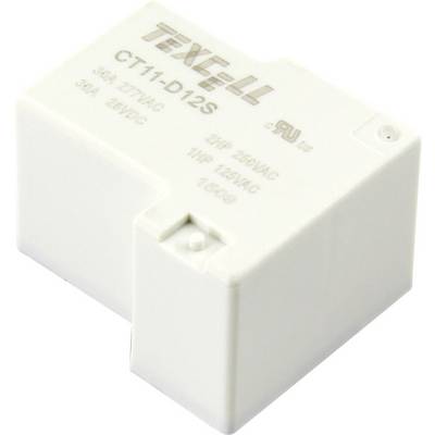 Ein weißes Relaisbauteil mit Aufschrift 'TEXELL CT11-012S 30A 277VAC 30A 28VDC 20A 250VAC 1HP 250VAC 1/6HP 125VAC'.