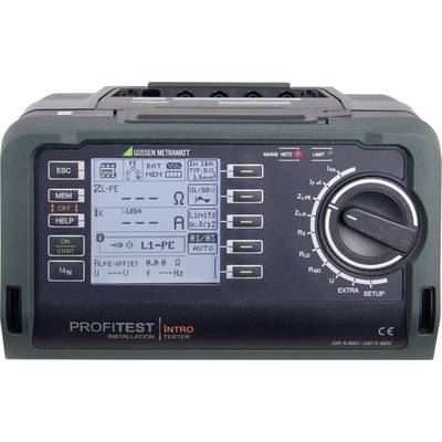 Digitaler Installationstester mit Display und Tasten für Funktionen wie Spannung, Strom und Erdungsmessungen. Markierung 'PROFITEST INTRO'.