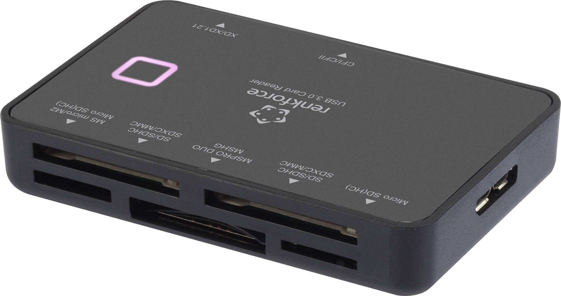 Ein schwarzer USB 3.0 Kartenleser mit mehreren Steckplätzen für verschiedene Kartentypen. Markennamen und Symbole sind sichtbar.