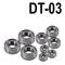 Acht Kugellager sind auf weißem Hintergrund angeordnet. Oben rechts steht die Bezeichnung 'DT-03'.