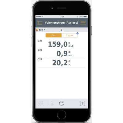 Ein Smartphone zeigt eine App zur Überwachung des Volumenstroms mit den Messwerten: 159,0 m³/h, 0,9 m/s, 20,2 °C.