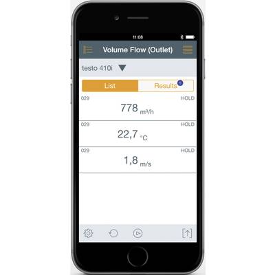 Smartphone-Bildschirm zeigt die App 'Volume Flow (Outlet)' mit drei Messwerten: 778 m³/h, 22,7 °C und 1,8 m/s.