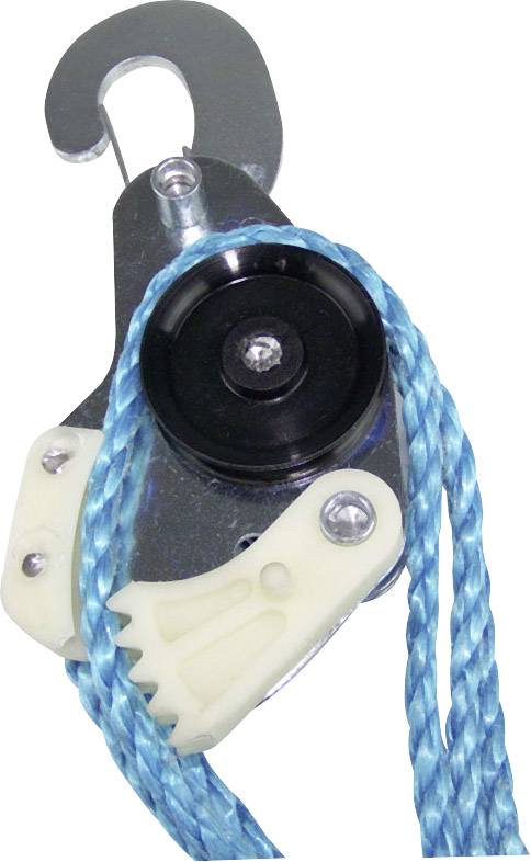 Ein Flaschenzug mit einem blauen Seil um eine schwarze Rolle gewickelt. Oben befindet sich ein metallener Haken zum Aufhängen.