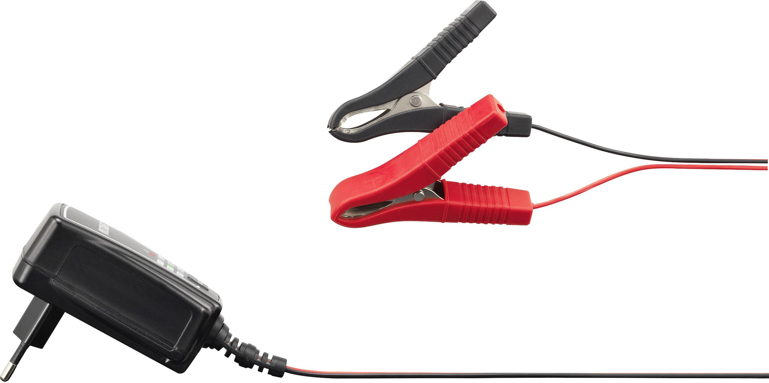 'Ladegerät mit roten und schwarzen Krokodilklemmen, geeignet für Autobatterien.'