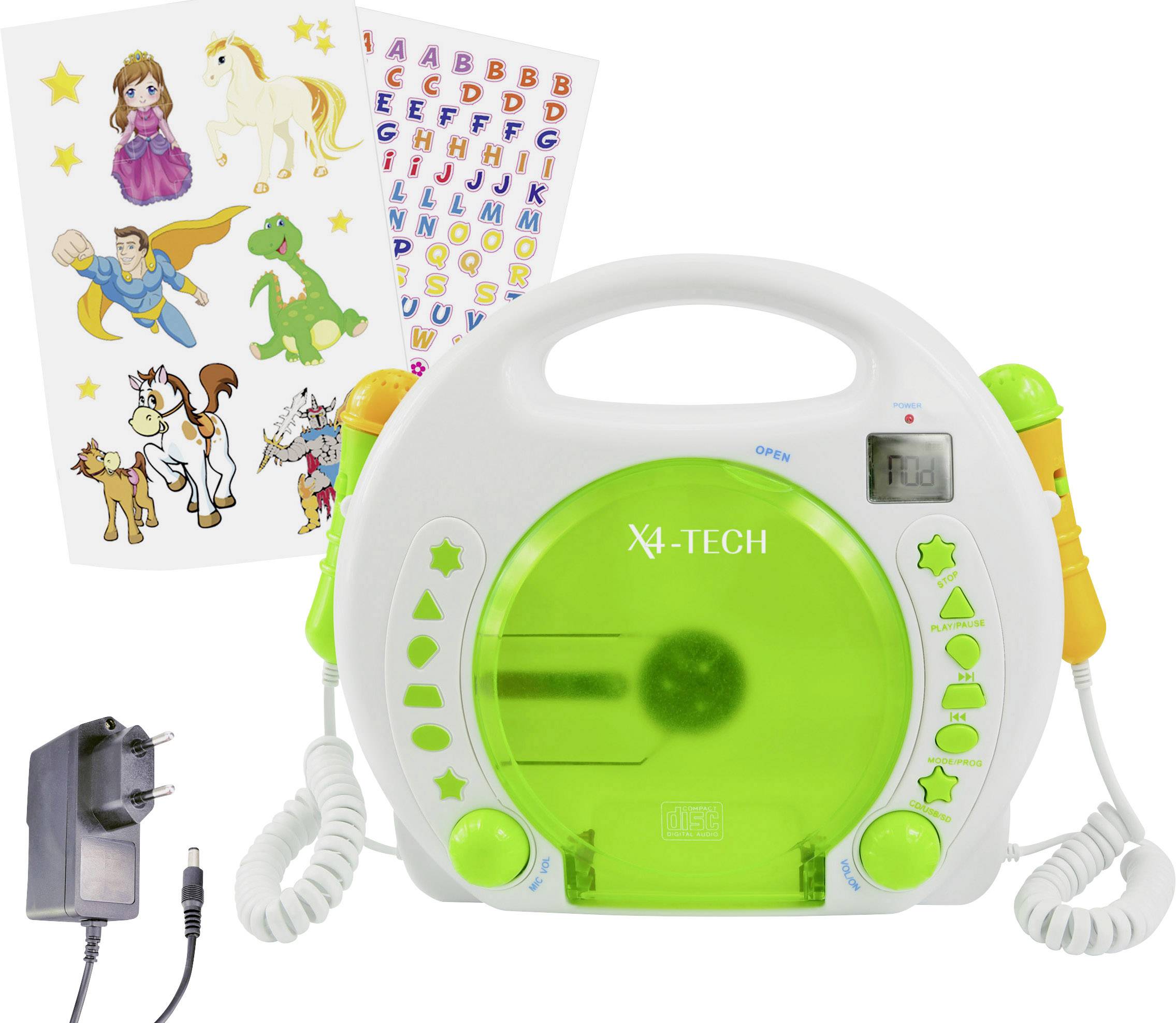 SD-Karte X4-Tech CD-Player für Kinder mit 2 Mikrofonen zum Mitsingen MP3 USB 