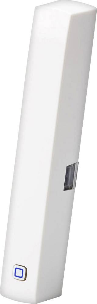 Ein weißer rechteckiger Sensor oder Gerät mit einem blauen quadratischen Anzeigefeld vorne.