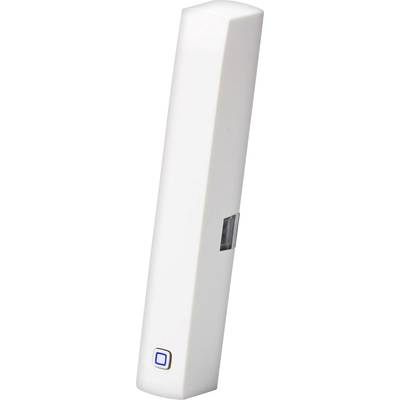 Ein weißer rechteckiger Sensor oder Gerät mit einem blauen quadratischen Anzeigefeld vorne.