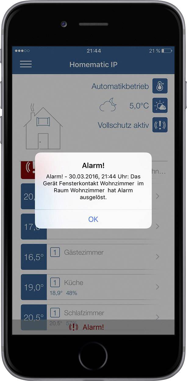 Smartphone zeigt Warnmeldung: 'Alarm! Fensterkontakt Wohnzimmer hat Alarm ausgelöst.' Temperaturanzeige Küche 19°C, Schlafzimmer 16°C.