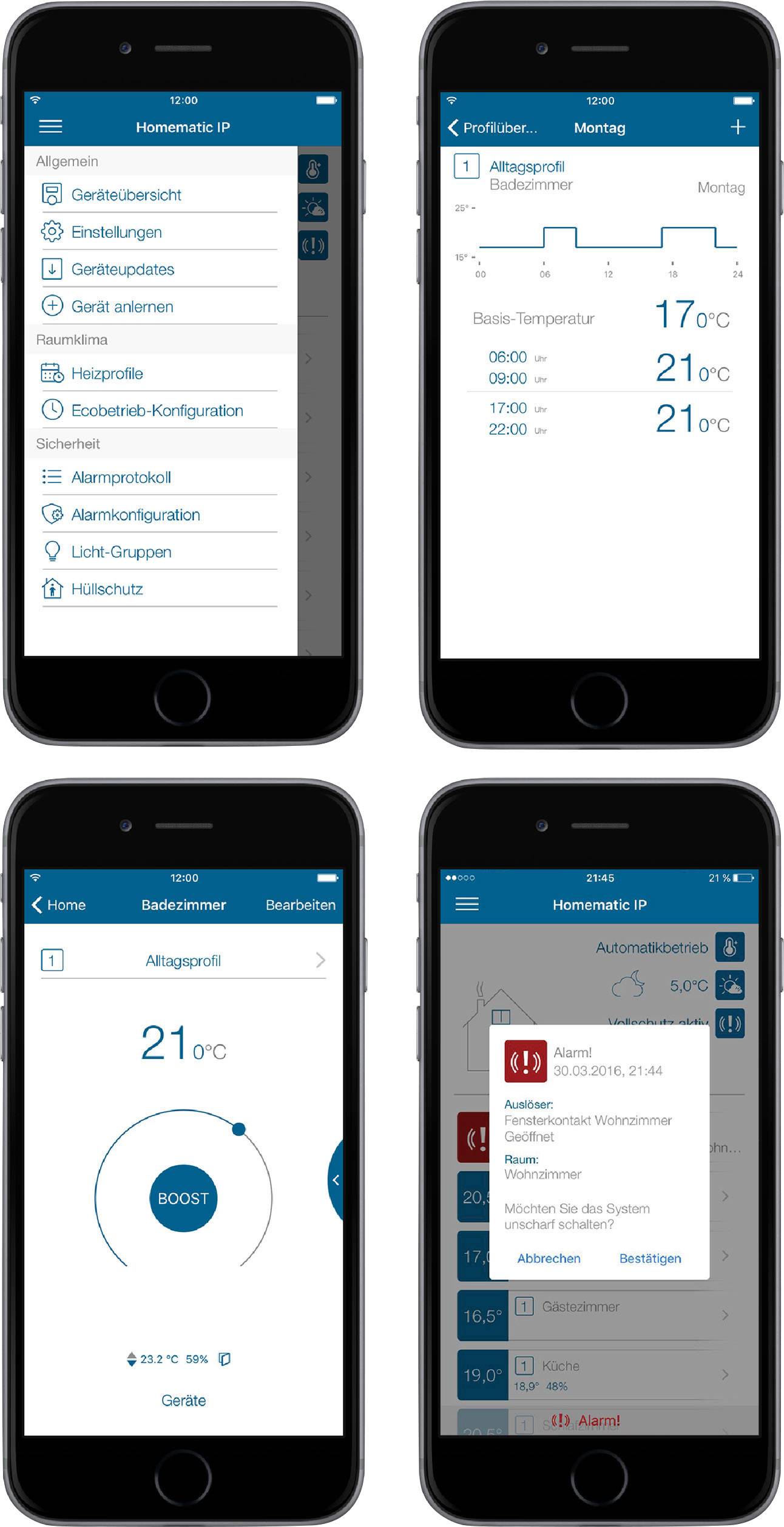 Smartphone zeigt Heizungssteuerungs-App: Temperaturkontrolle, Zeitprofile und Geräteeinstellungen. Bildschirm mit um 21°C programmierter Temperatur.