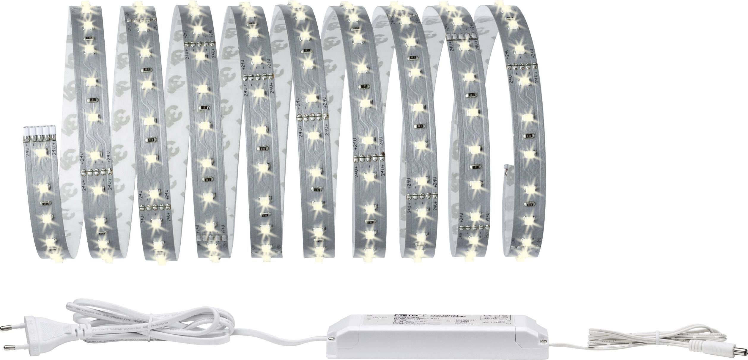 Ein LED-Lichtstreifen mit warmweißen Leuchten ist mehrfach in einer Zickzack-Form gelegt. Ein Netzteil ist angeschlossen.